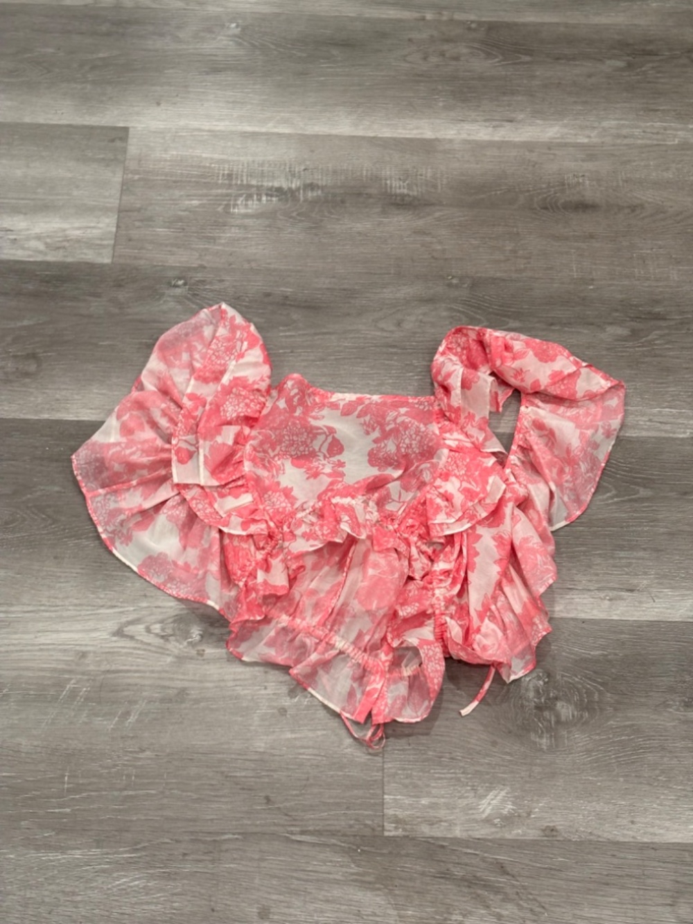 LoveShackFancy Molly Pink Floral Cropped Puff Sleeve Ruffle Silk Blouse XS - Picture 3 of 5